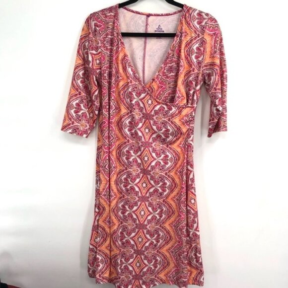 PRANA Nadia Surplice Faux Wrap Dress Pink Orange Print Stretch Cotton L Large - Picture 1 of 6